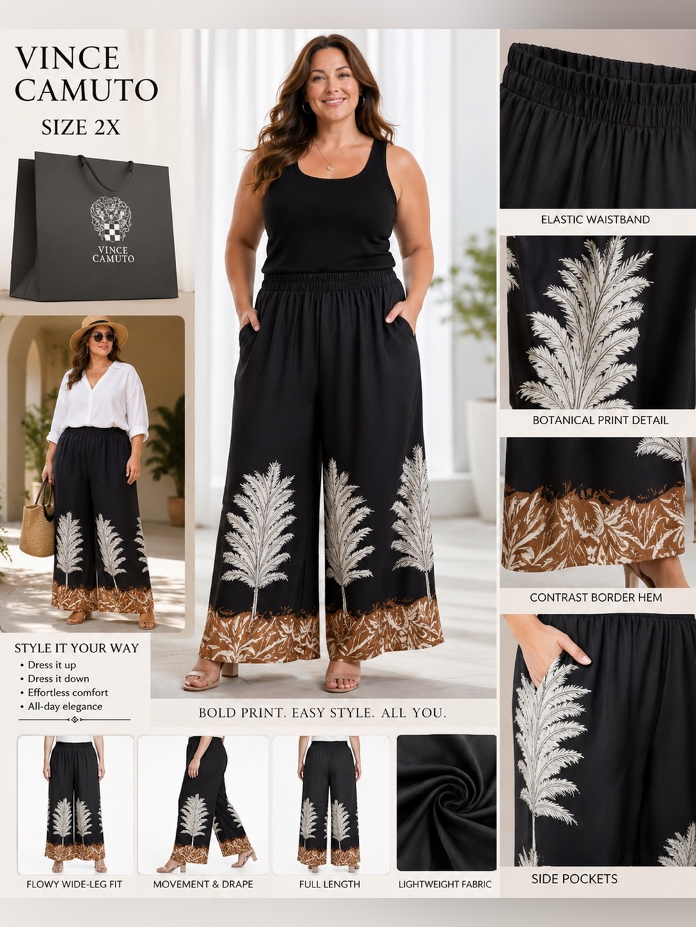 Vince Camuto Black Wide-Leg Pants with Cream Botanical Print and Brown Border